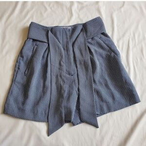 Blue pattern printed tie belt high waisted shorts